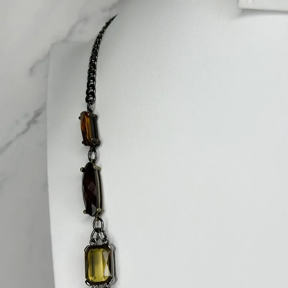 Chico's Faceted Gem Charm Fringe Gunmetal Tone Statement Necklace Earthy ✨